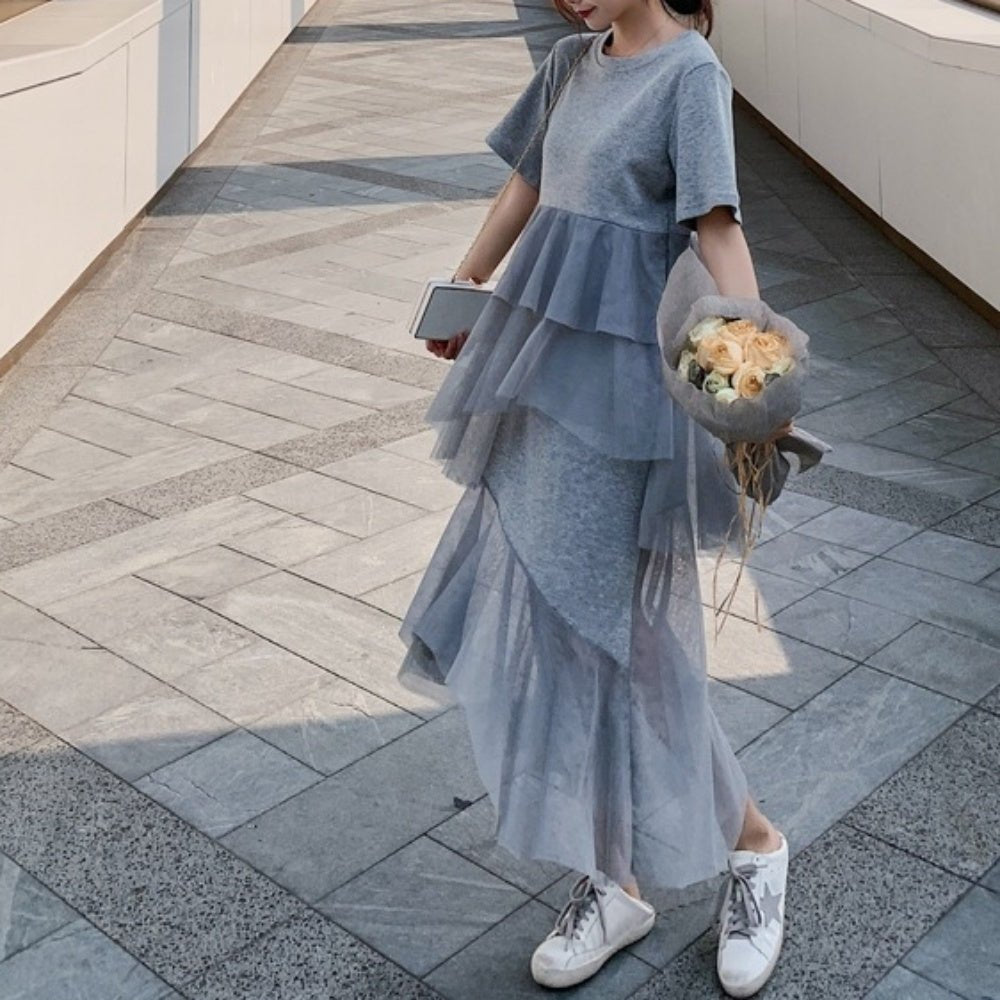 裾シースルードレープ半袖ワンピース - Millennial Generation