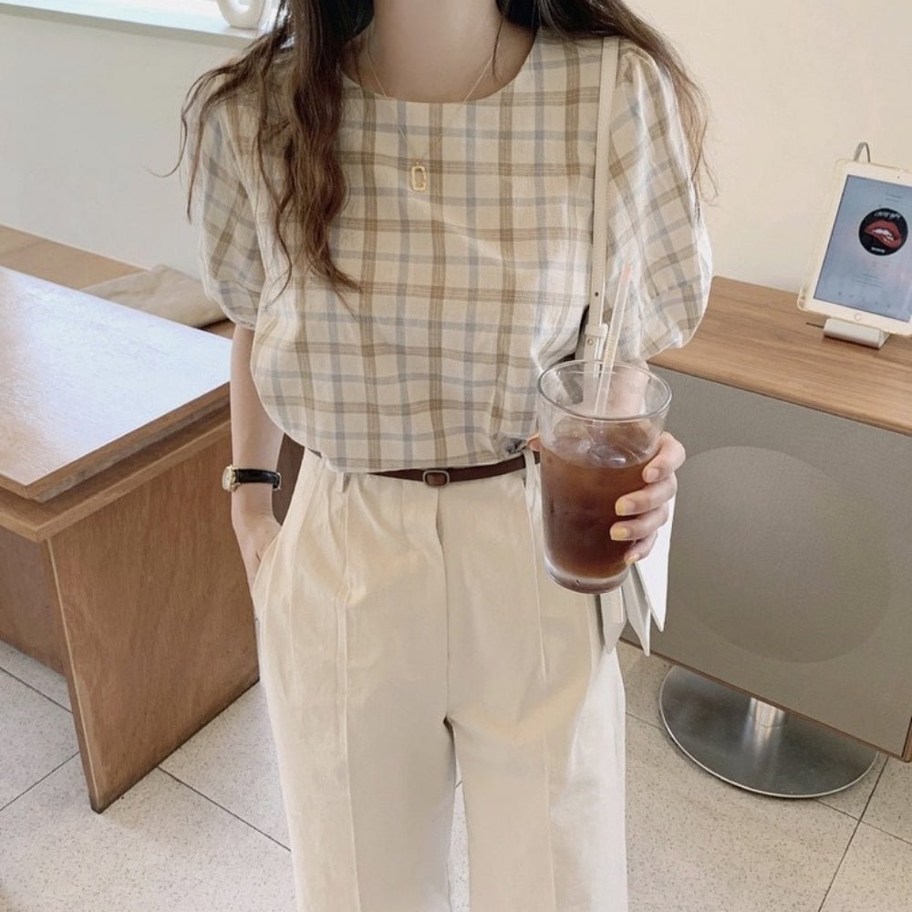 チェック柄ボリューム半袖シャツ