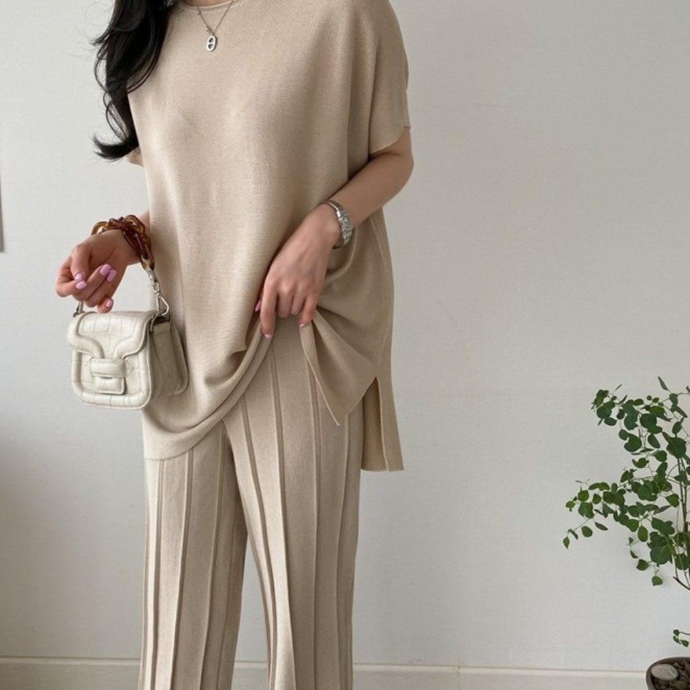 サマーニットプリーツパンツセットアップ｜オフィスカジュアル