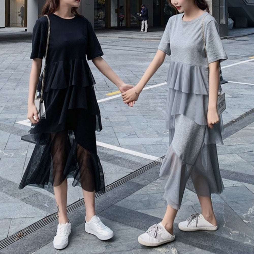 裾シースルードレープ半袖ワンピース - Millennial Generation