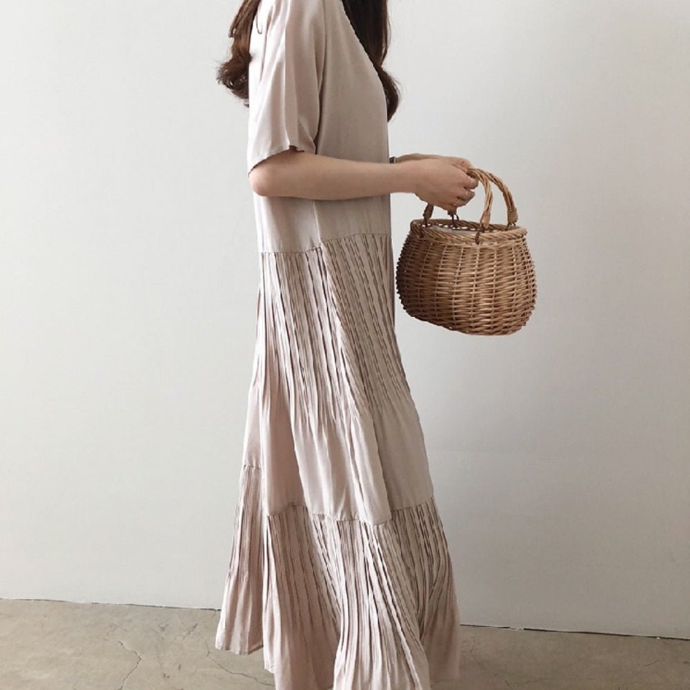 ゆったりラウンドネック半袖ロングワンピース