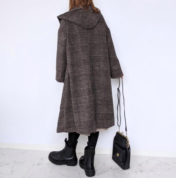 グレンチェックフード付きチェスターロングコート｜オフィス