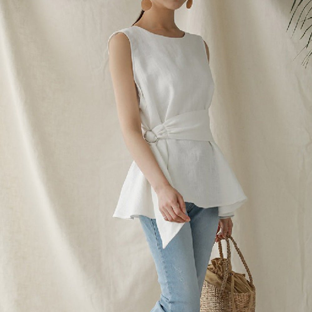 ノースリーブウエストマーク麻トップス｜オフィスカジュアル