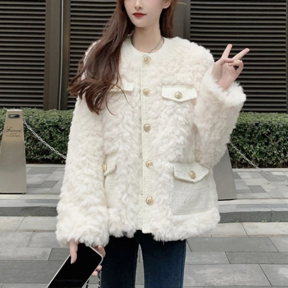 ラウンドネックツイードファーコート｜オフィスカジュアル レディース