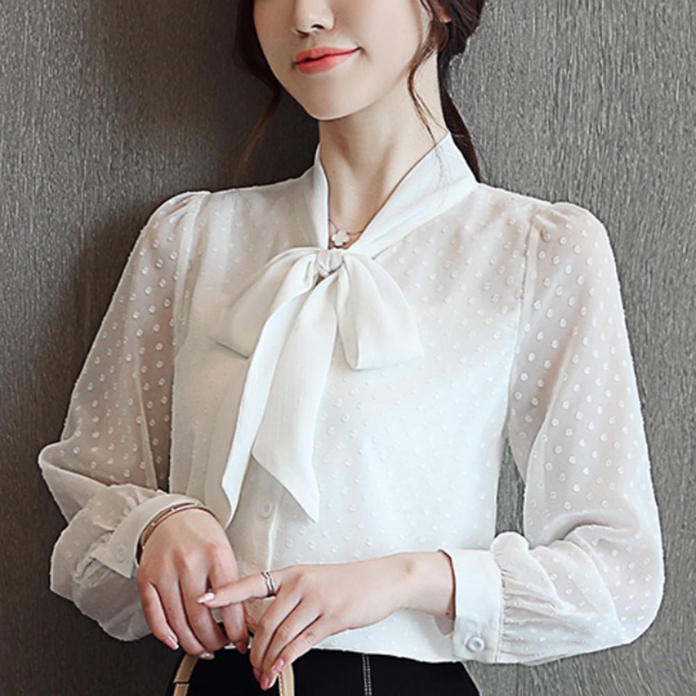 KAREN MILLEN 日本未入荷 ドット シースルー リボン ボウタイ ボウタイリボンシースルードットブラウス｜オフィスカジュアル