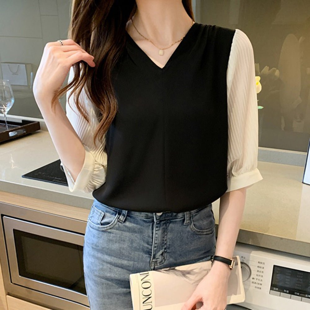 配色デザイン切り替えプリーツブラウス｜オフィスカジュアル レディース 通販【ミレジェネ】