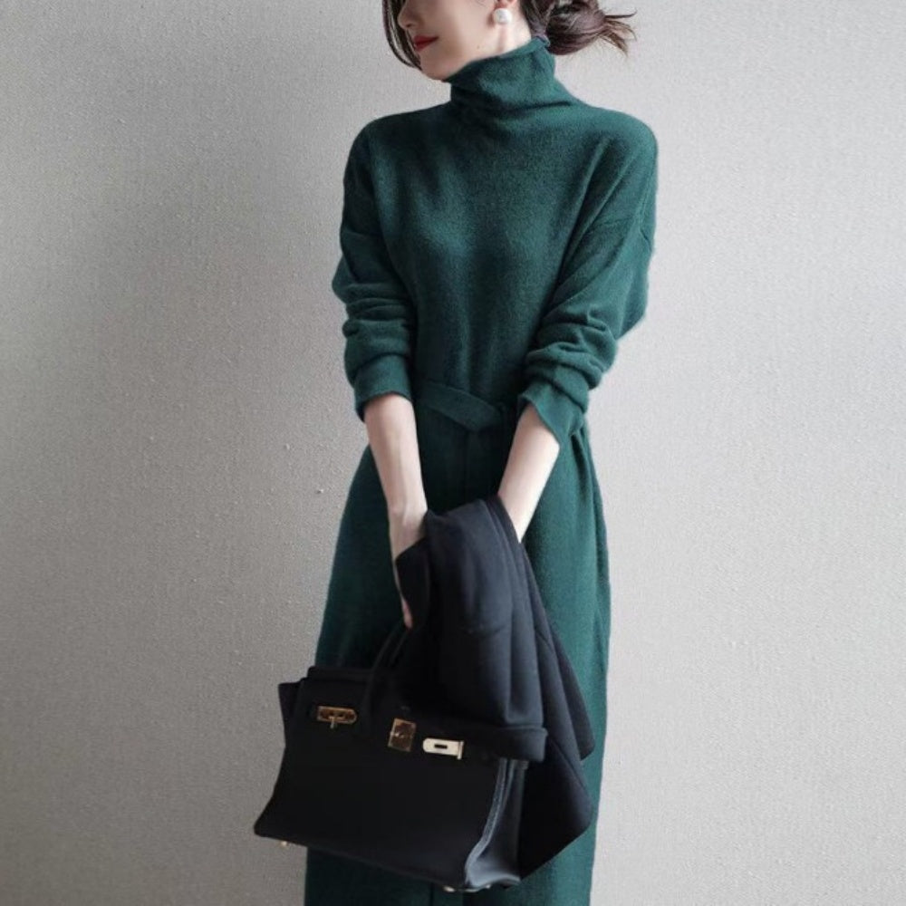 ウエストリボンハイネックニットワンピース｜オフィスカジュアル