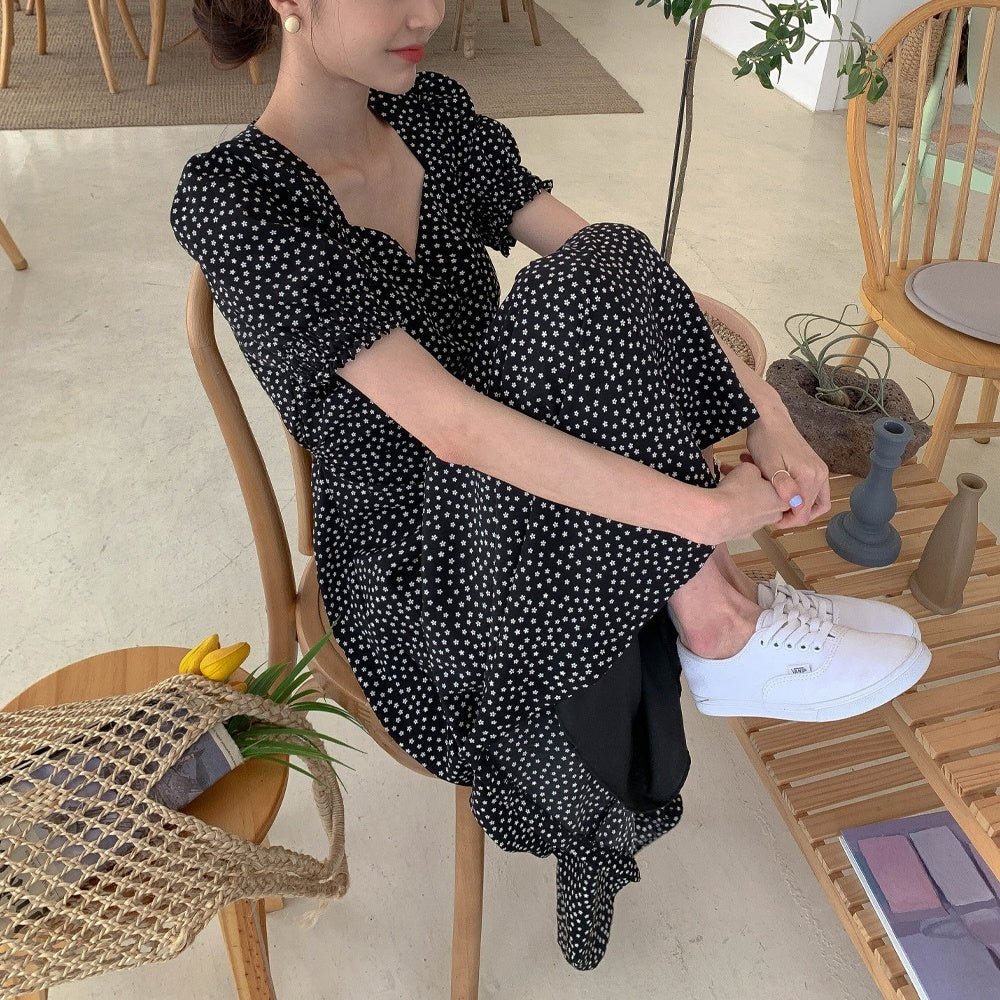小花柄パフスリーブロングワンピース