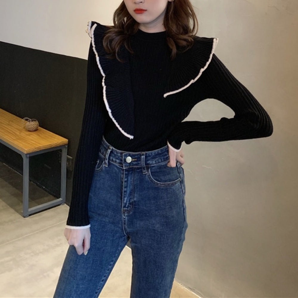 アシンメトリーフリルリブニット