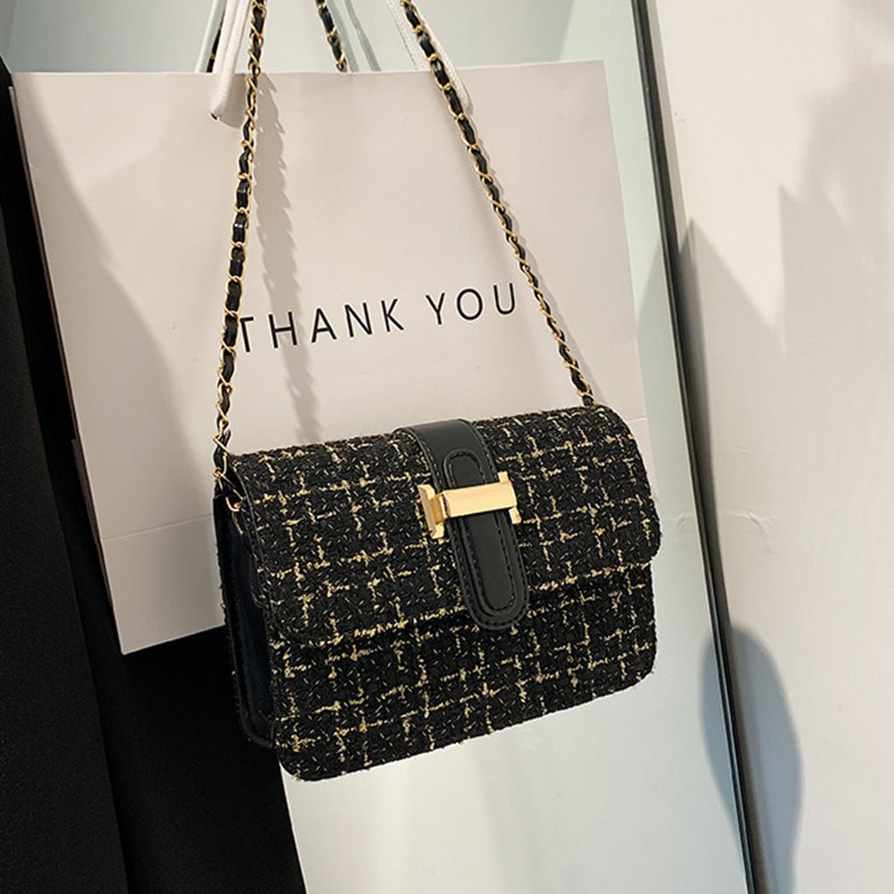 特価セール！ツイード ショルダーバッグ（黒）ゴールドチェーン （非売品）❀即発 ツイードチェーンミニショルダーバッグ｜オフィスカジュアル