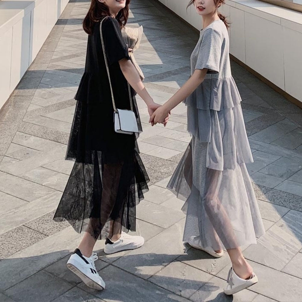 裾シースルードレープ半袖ワンピース - Millennial Generation