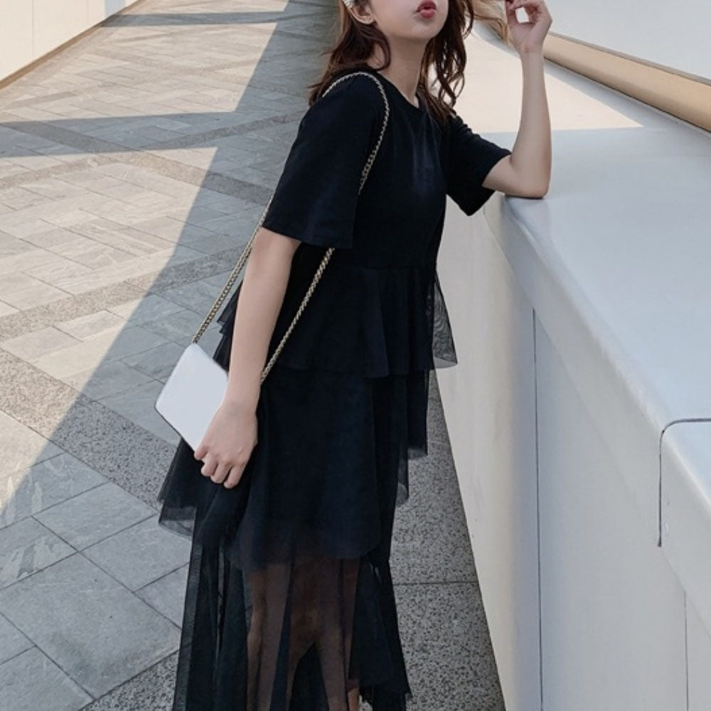 裾シースルードレープ半袖ワンピース - Millennial Generation