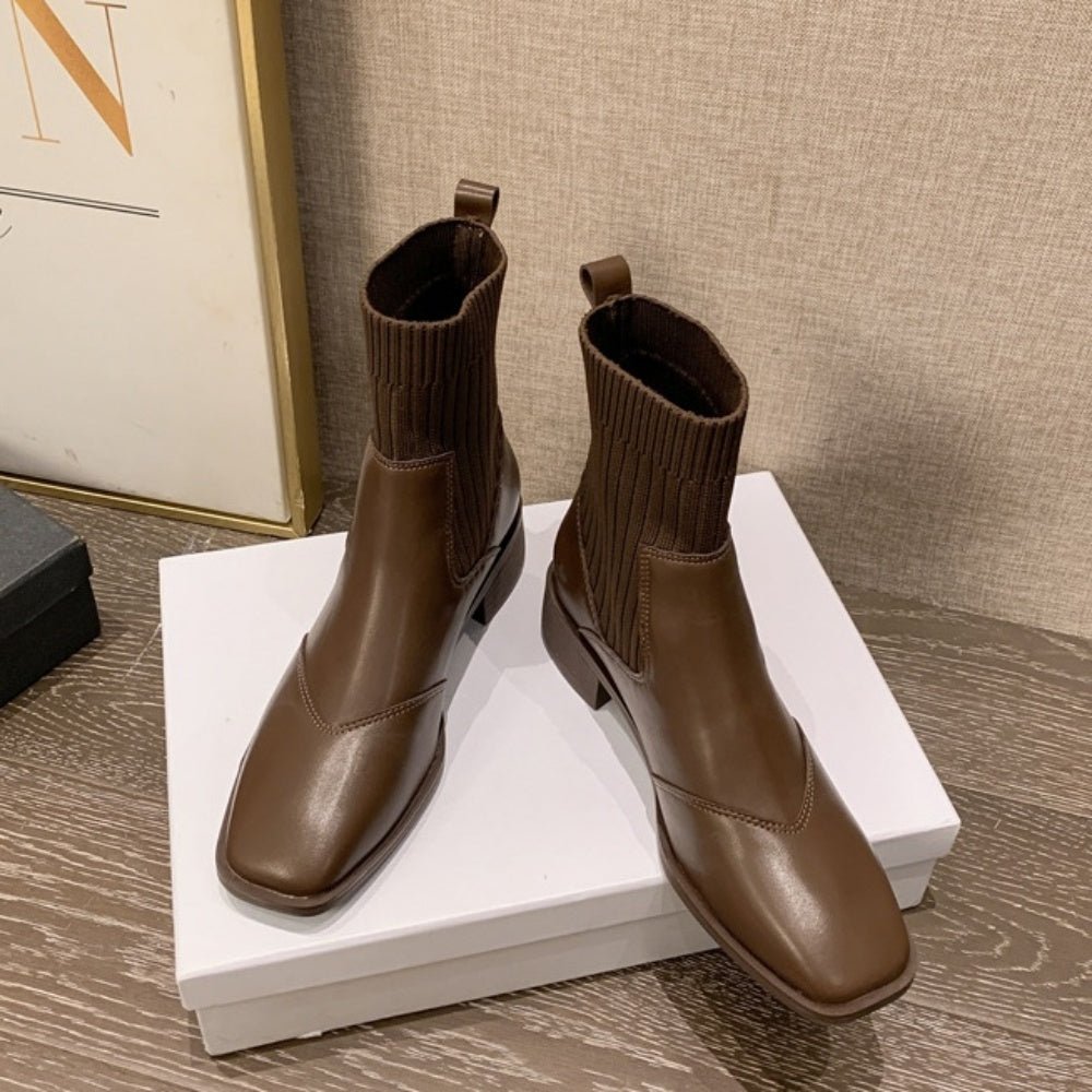 リブニットPUコンビショートブーツ｜オフィスカジュアル レディース