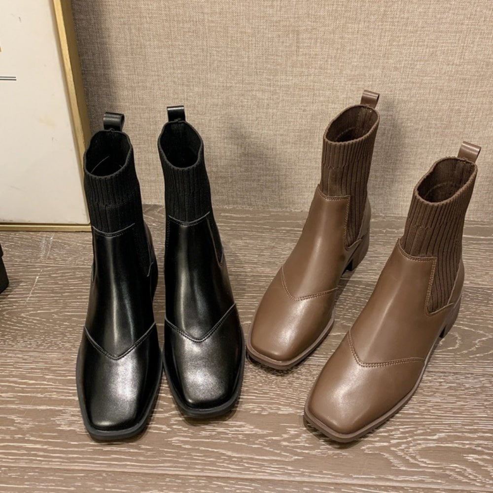 リブニットPUコンビショートブーツ｜オフィスカジュアル レディース