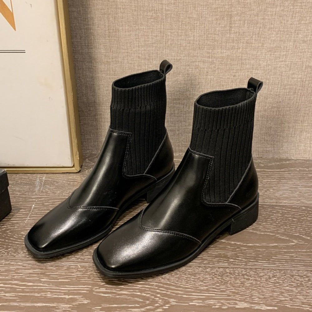 リブニットPUコンビショートブーツ｜オフィスカジュアル レディース