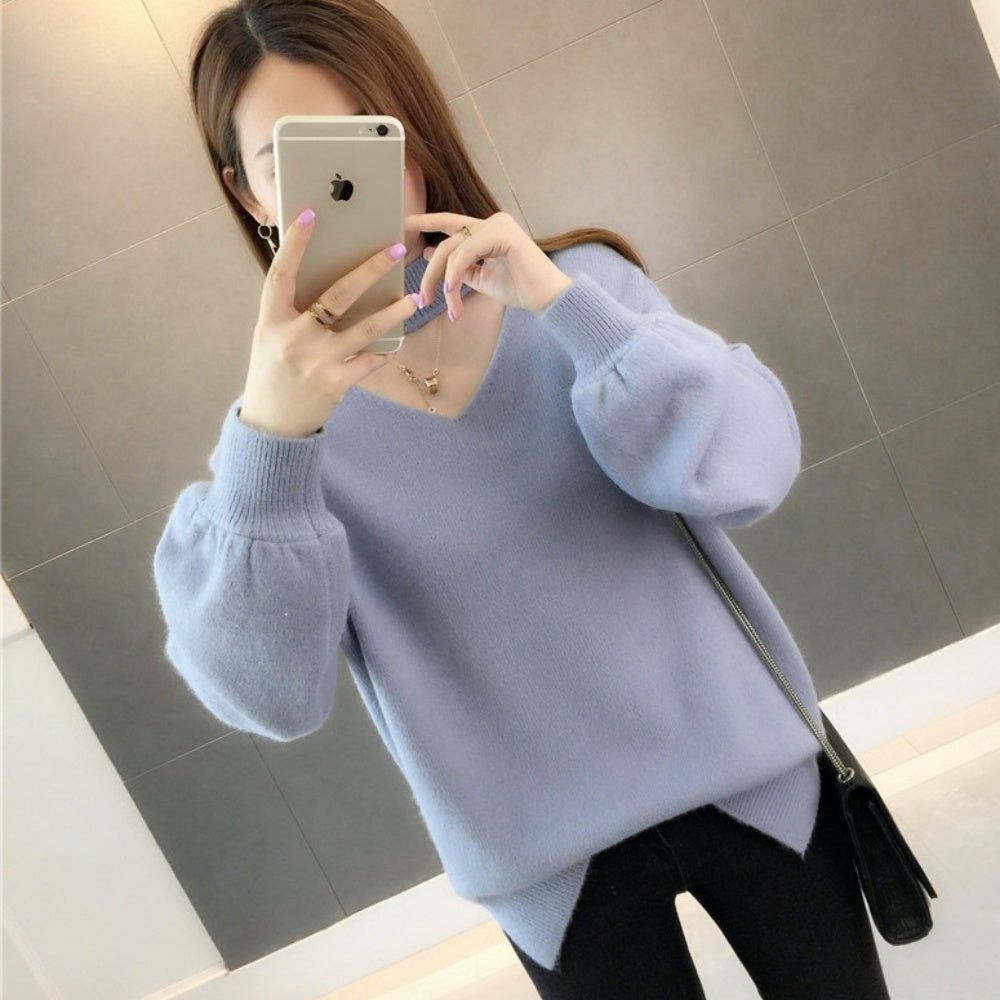 おしゃれVネックランタンスリーブニット