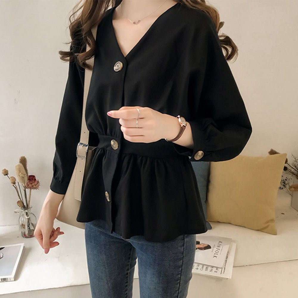 フロントボタンハイウエスト絞りVネックカットソー - Millennial Generation