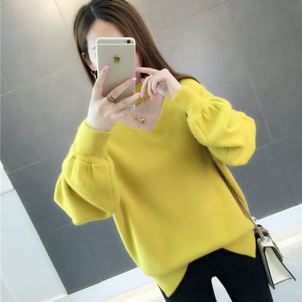 おしゃれVネックランタンスリーブニット