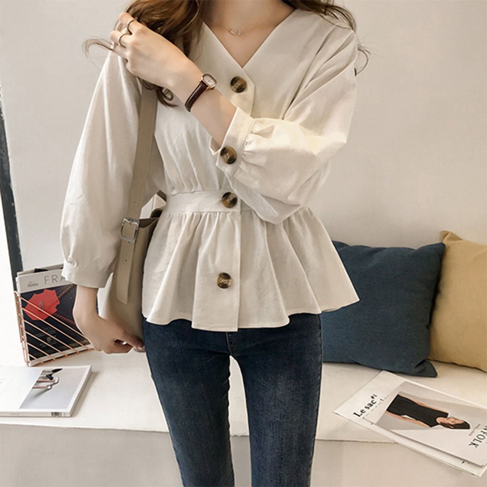 フロントボタンハイウエスト絞りVネックカットソー - Millennial Generation