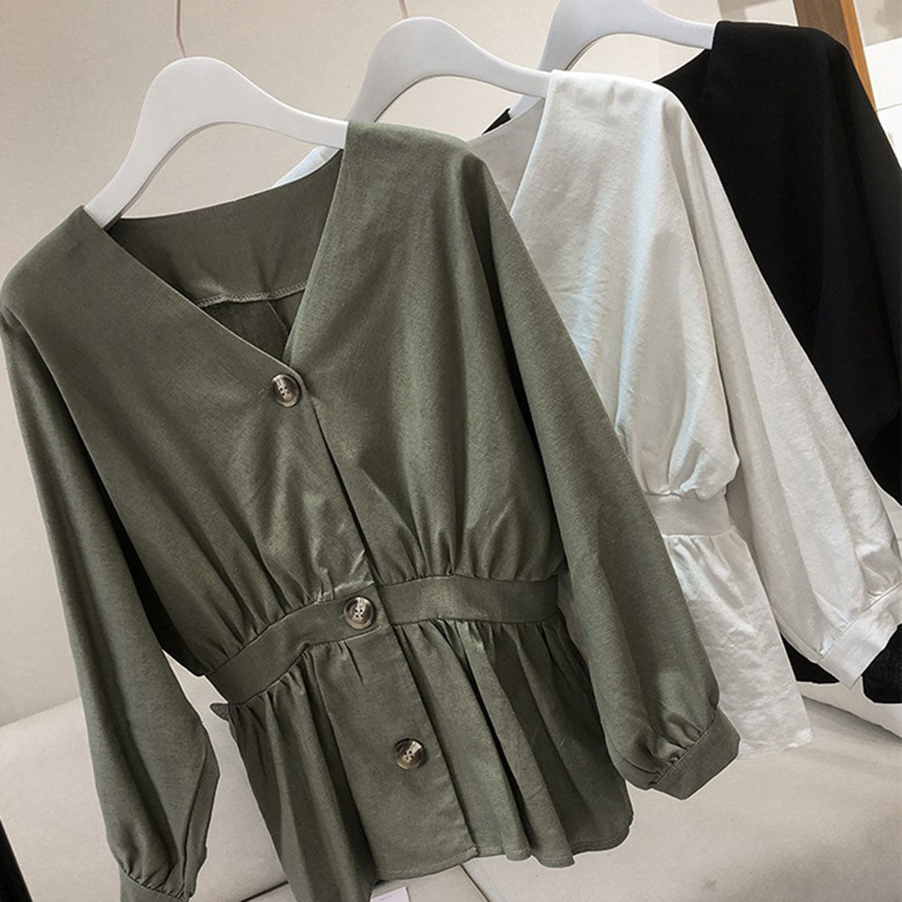 フロントボタンハイウエスト絞りVネックカットソー - Millennial Generation