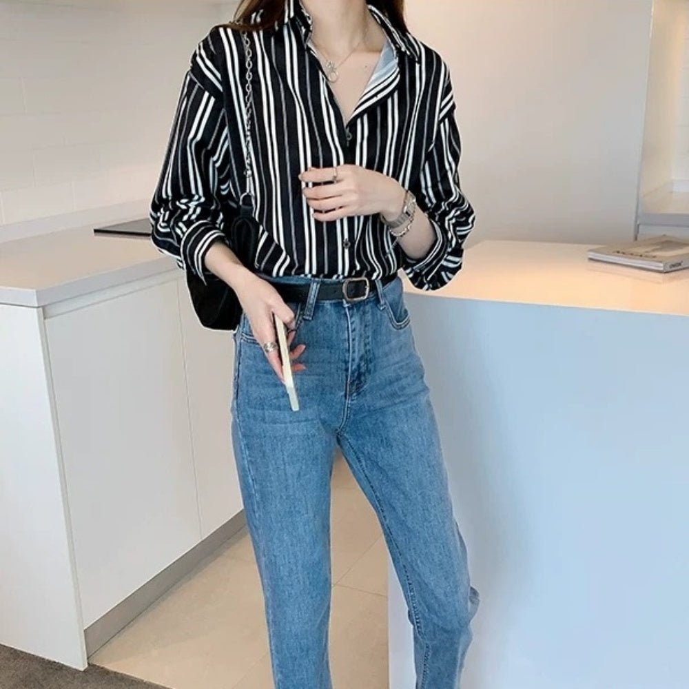 Vネックストライプシャツ｜オフィスカジュアル レディース 通販