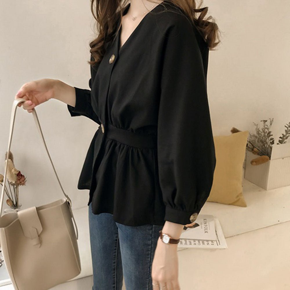 フロントボタンハイウエスト絞りVネックカットソー - Millennial Generation