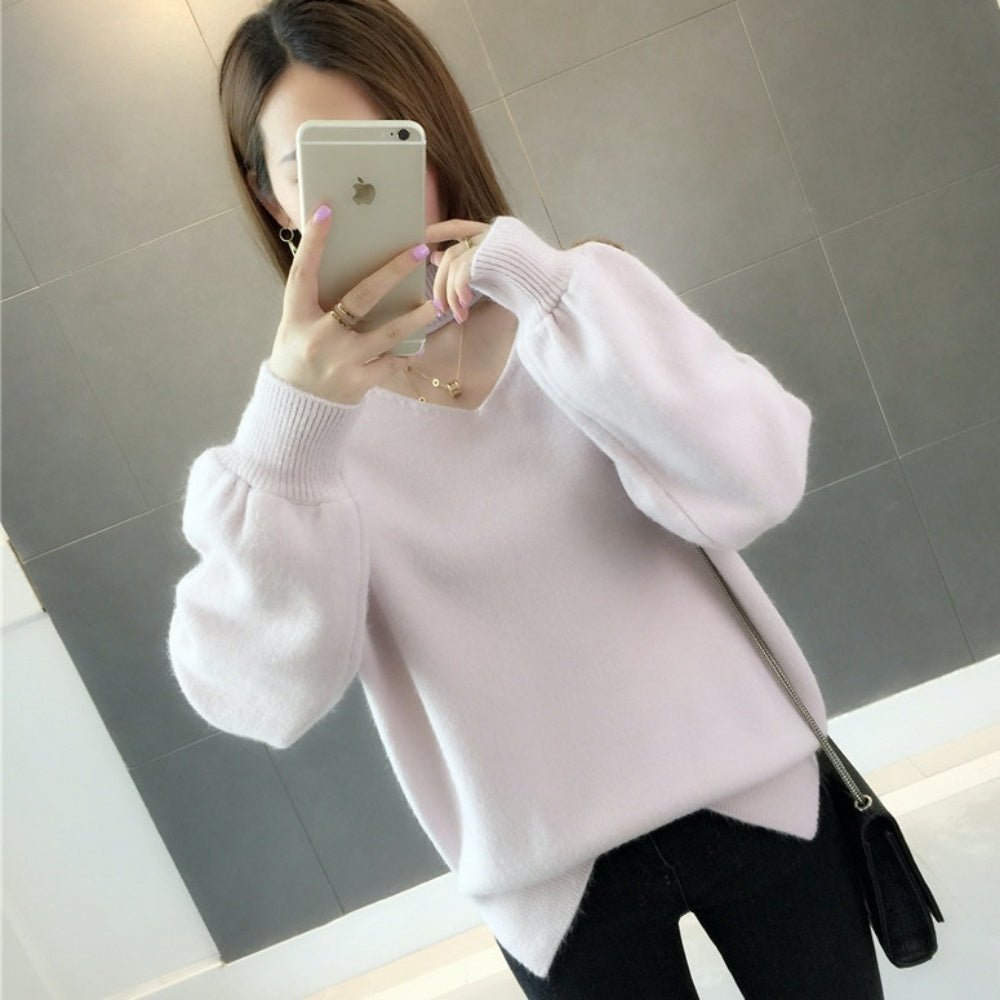 おしゃれVネックランタンスリーブニット