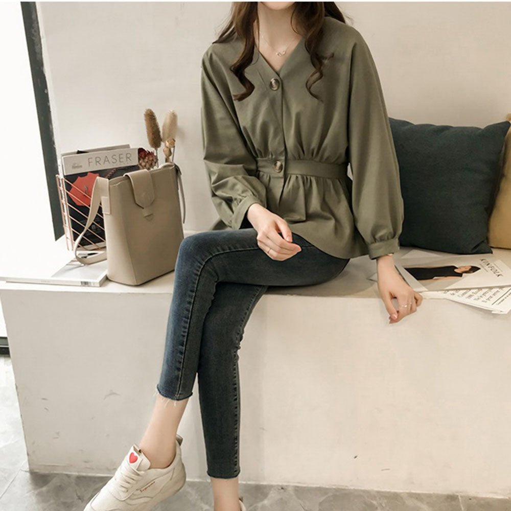 フロントボタンハイウエスト絞りVネックカットソー - Millennial Generation