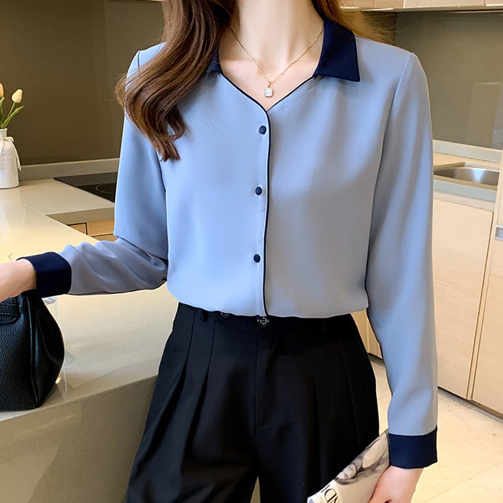 Vネックバイカラーブラウス｜オフィスカジュアル レディース 通販