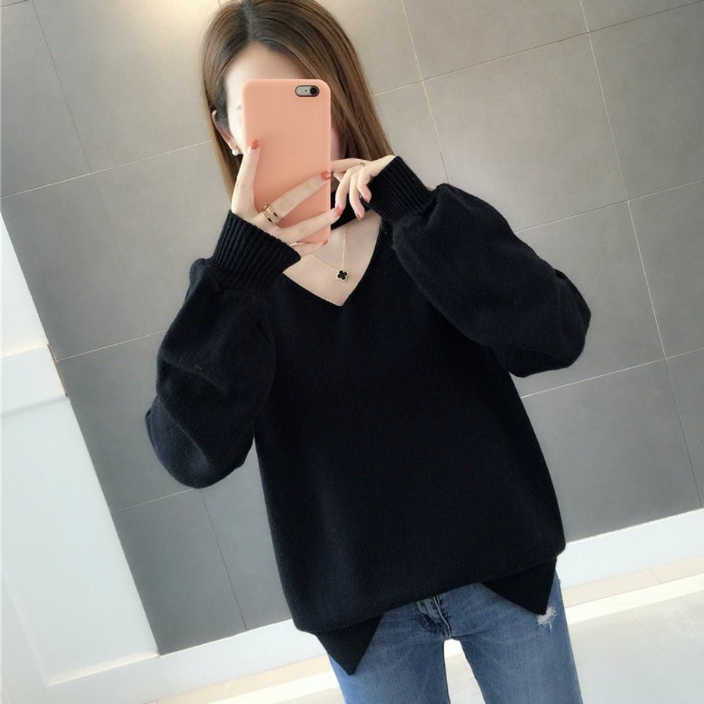 おしゃれVネックランタンスリーブニット